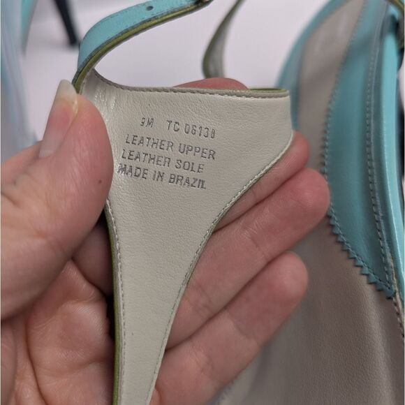 Vintage Tommy Hilfiger Aqua Blue & Green Leather T-strap Slingback Heels 9 - Picture 8 of 8